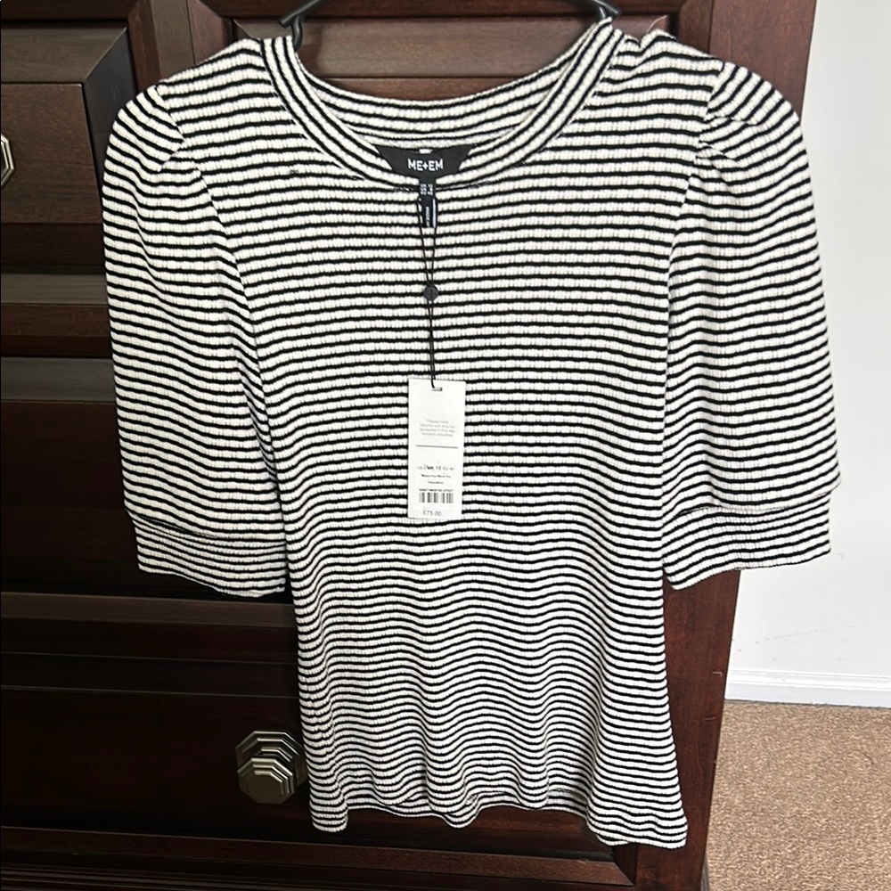 ME+EM Black and White Striped Top with Balloon Sleeves